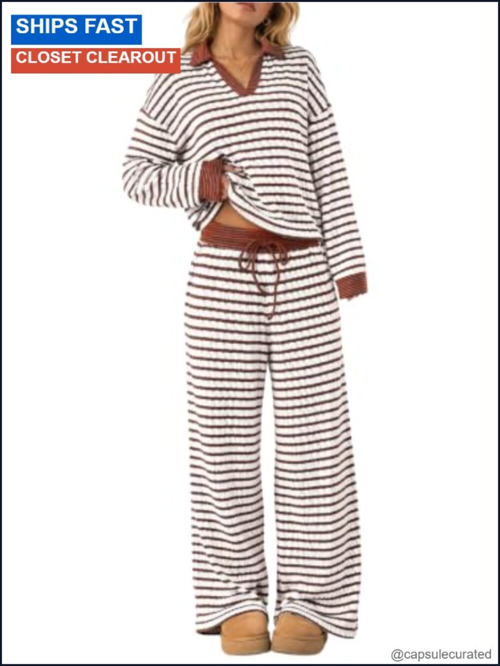 Women's 2 Piece Wide Leg Pant Lounge Set V Neck Drop Shoulder Striped Casual